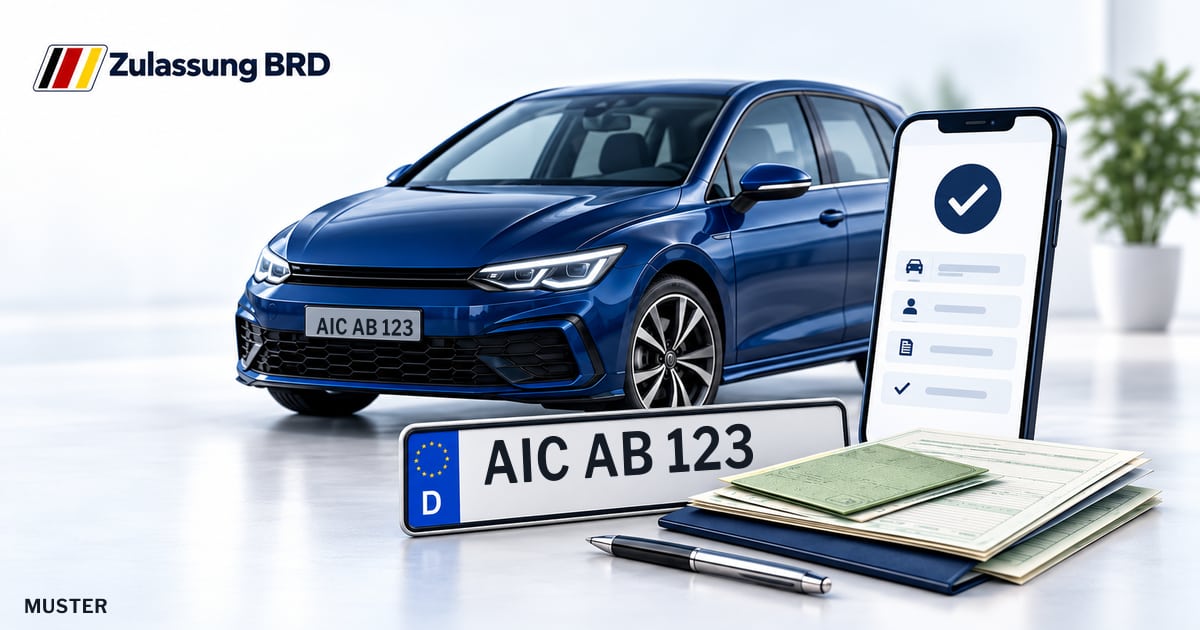 Online Fahrzeugzulassung in Kissing: Musterkennzeichen AIC AB 123, Auto und Fahrzeugpapiere und Smartphone. Illustration mit Logo von Zulassung BRD.